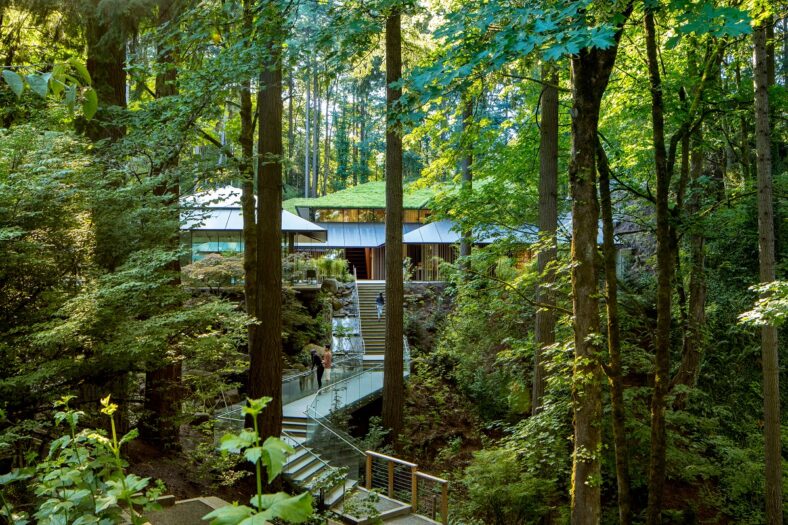 The Cultural Village at Portland Japanese Garden, a building with a green roof among the forest of Washington Park.