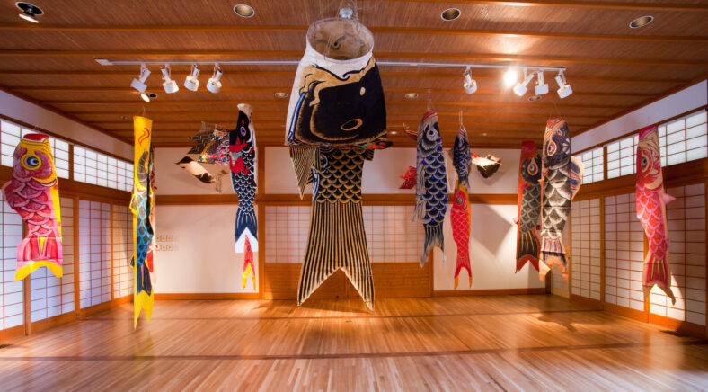 Cloth carp streamers on display in the Pavilion Gallery of Portland Japanese Garden.