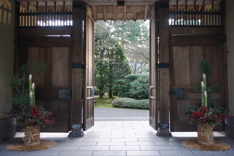 Kadomatsu, traditional Japanese decorations for New Years placed outside Portland Japanese Garden's Nezu Gate.