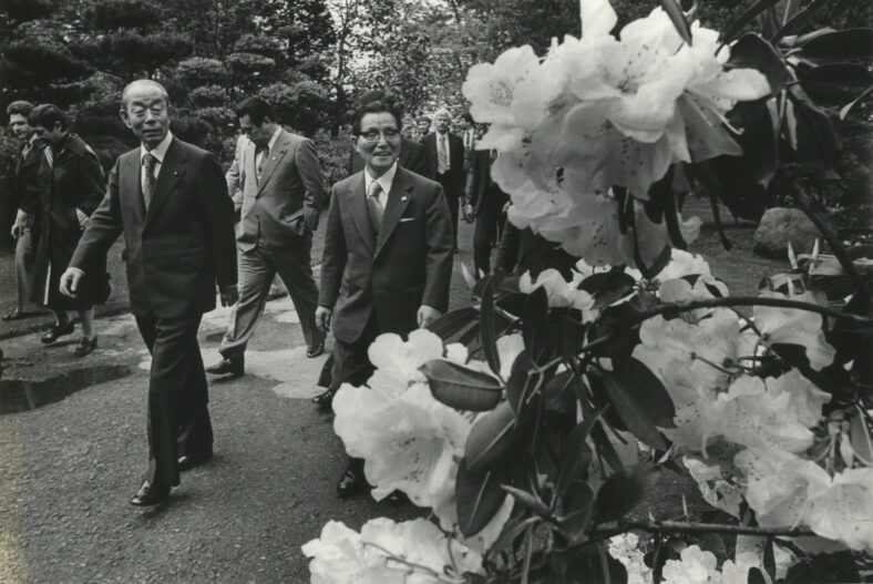 Japanese Prime Minister Takeo Fukuda walking in Portland Japanese Garden, looking at a nearby rhododendron bush.