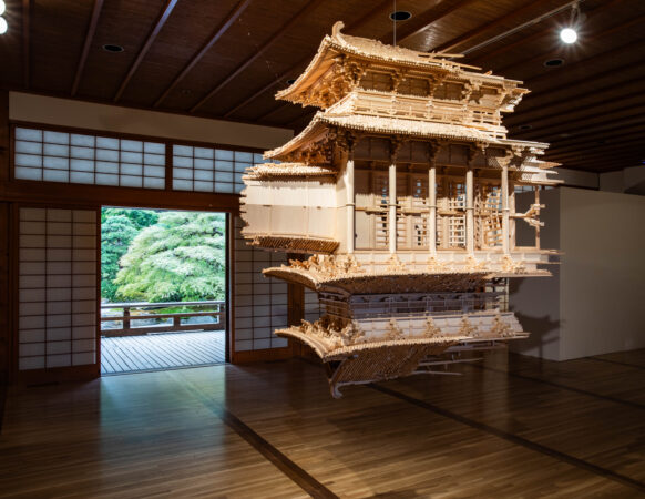 A wooden architectural model crafted by Japan Institute Artist-in-Residence Takahiro Iwasaki.