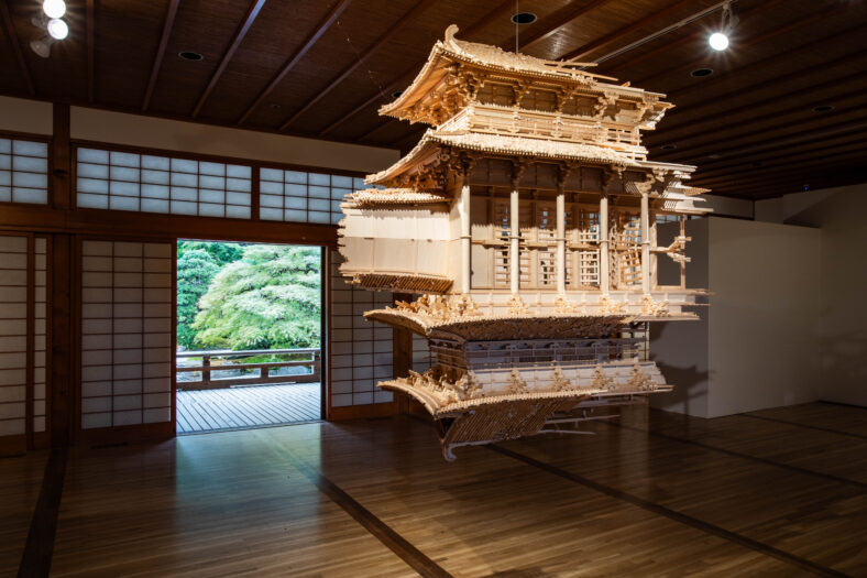 A wooden architectural model crafted by Japan Institute Artist-in-Residence Takahiro Iwasaki.