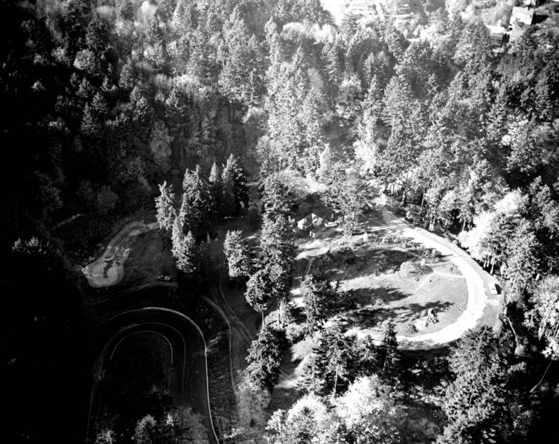 A black and white aerial image of Portland Japanese Garden in 1964
