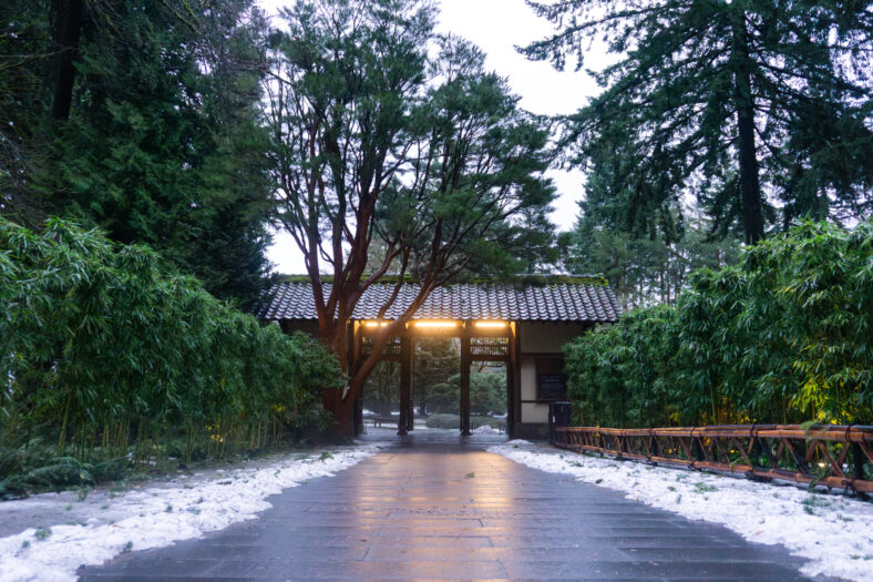 The Nezu Gate, a wooden gate that people pass through to enter the historical gardens of Portland Japanese Garden.